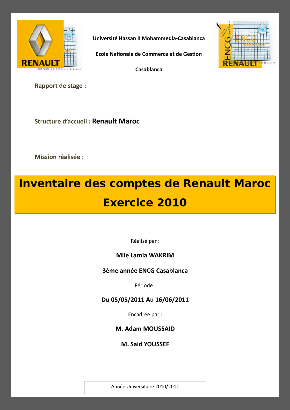 Rapport De Stage Renault Universite Hassan Ii Mohammedia Casablanca Ecole Nationale De Commerce Et Studocu