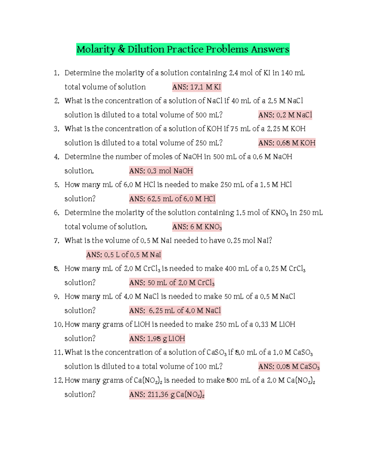 Molarity & Dilutions Practice Problems Answers - CHM 21 With Molarity Worksheet Answer Key