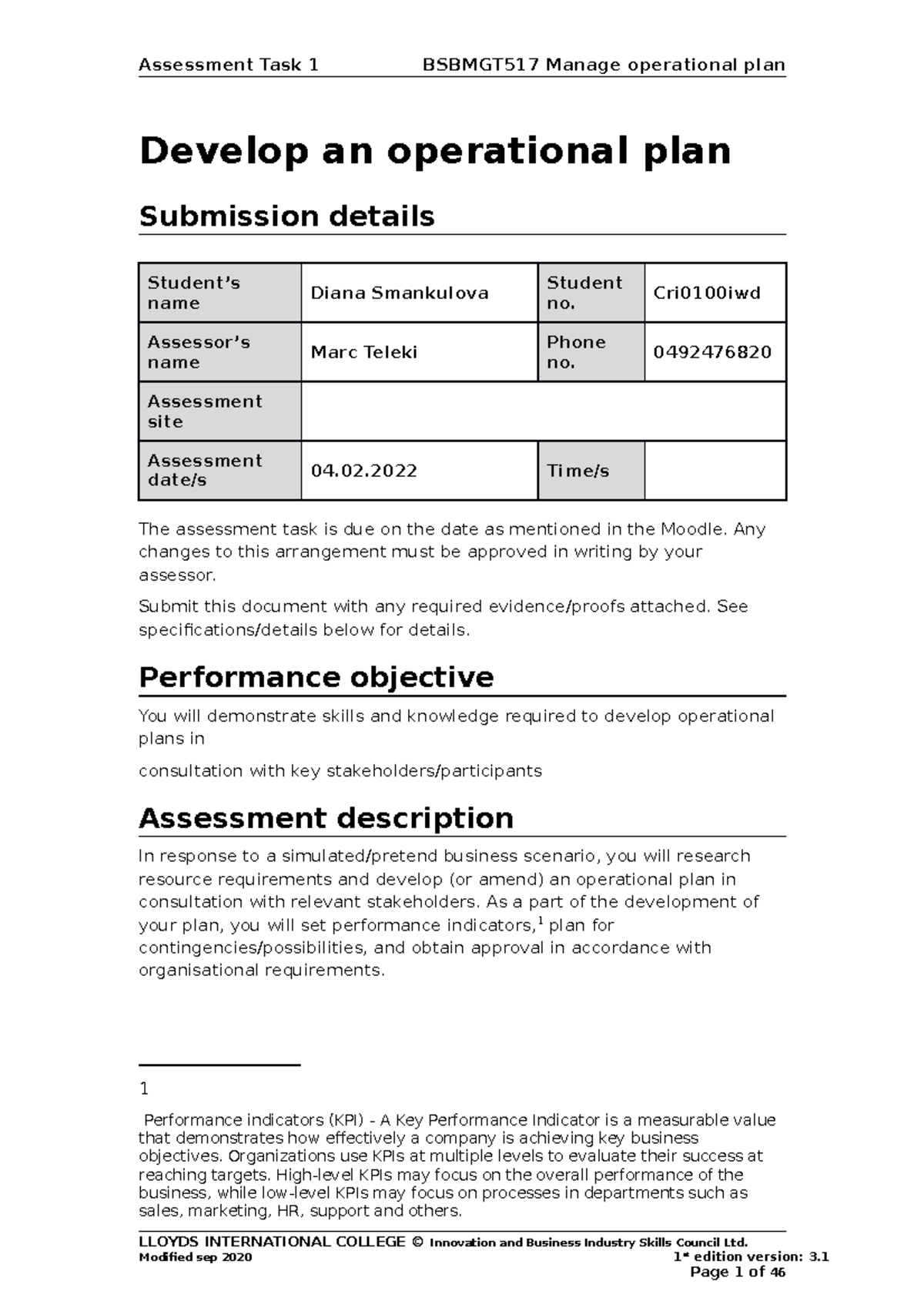 Bsbmgt 517 Task 1 - Develop An Operational Plan Submission Details ...