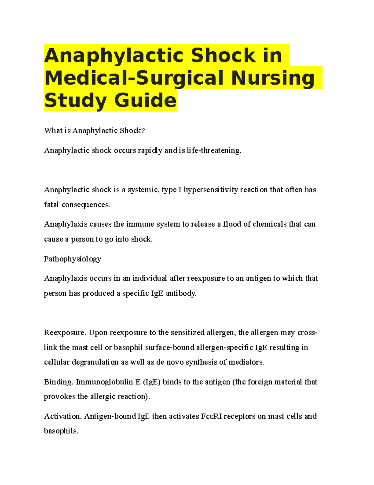 Anaphylactic Shock in MedicalSurgical Nursing Study Guide