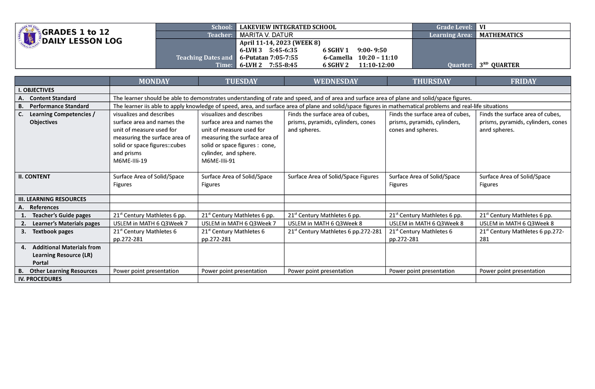 DLL Mathematics-6 Q3 W8 - GRADES 1 to 12 DAILY LESSON LOG School ...