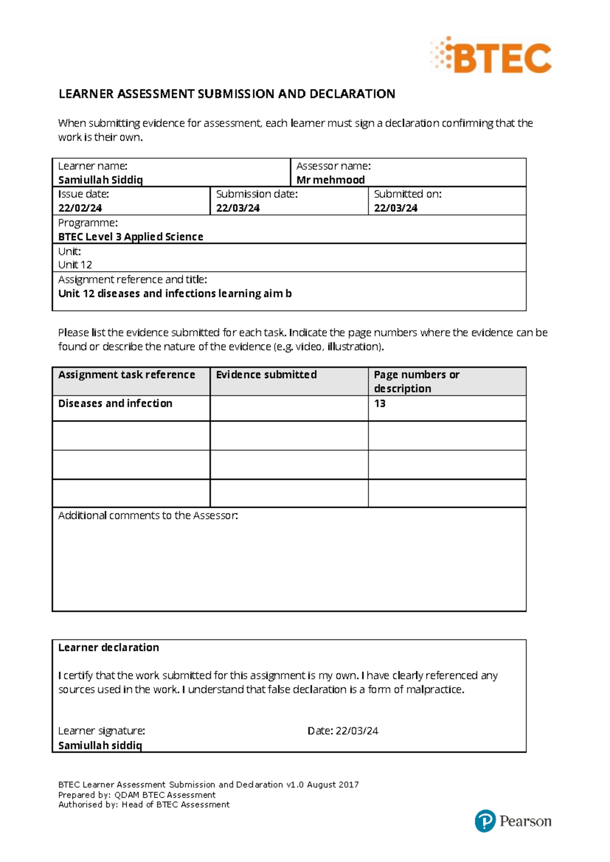 Learner declaration unit 12 b - BTEC Learner Assessment Submission and ...