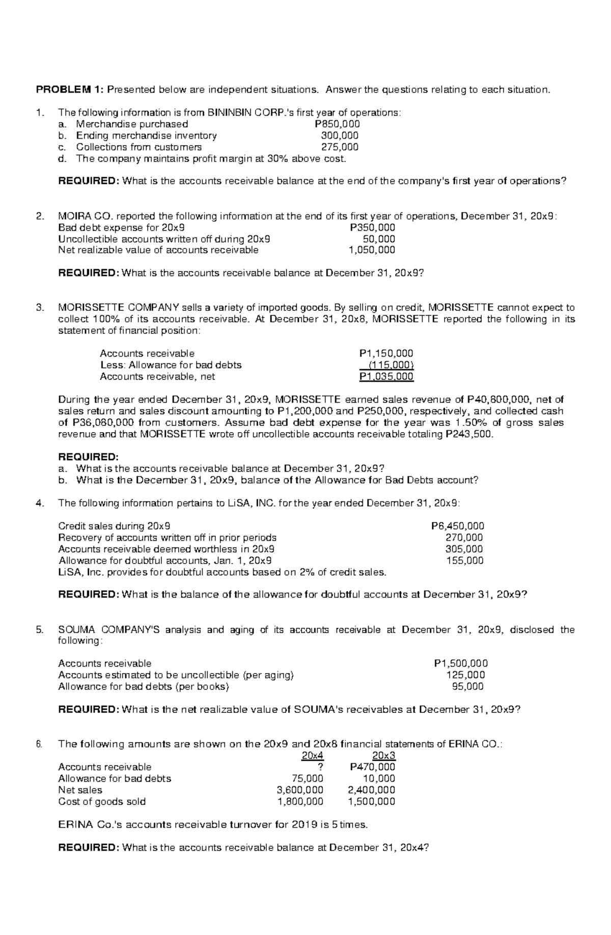 Audit Problems - Receivables - PROBLEM 1: Presented below are ...