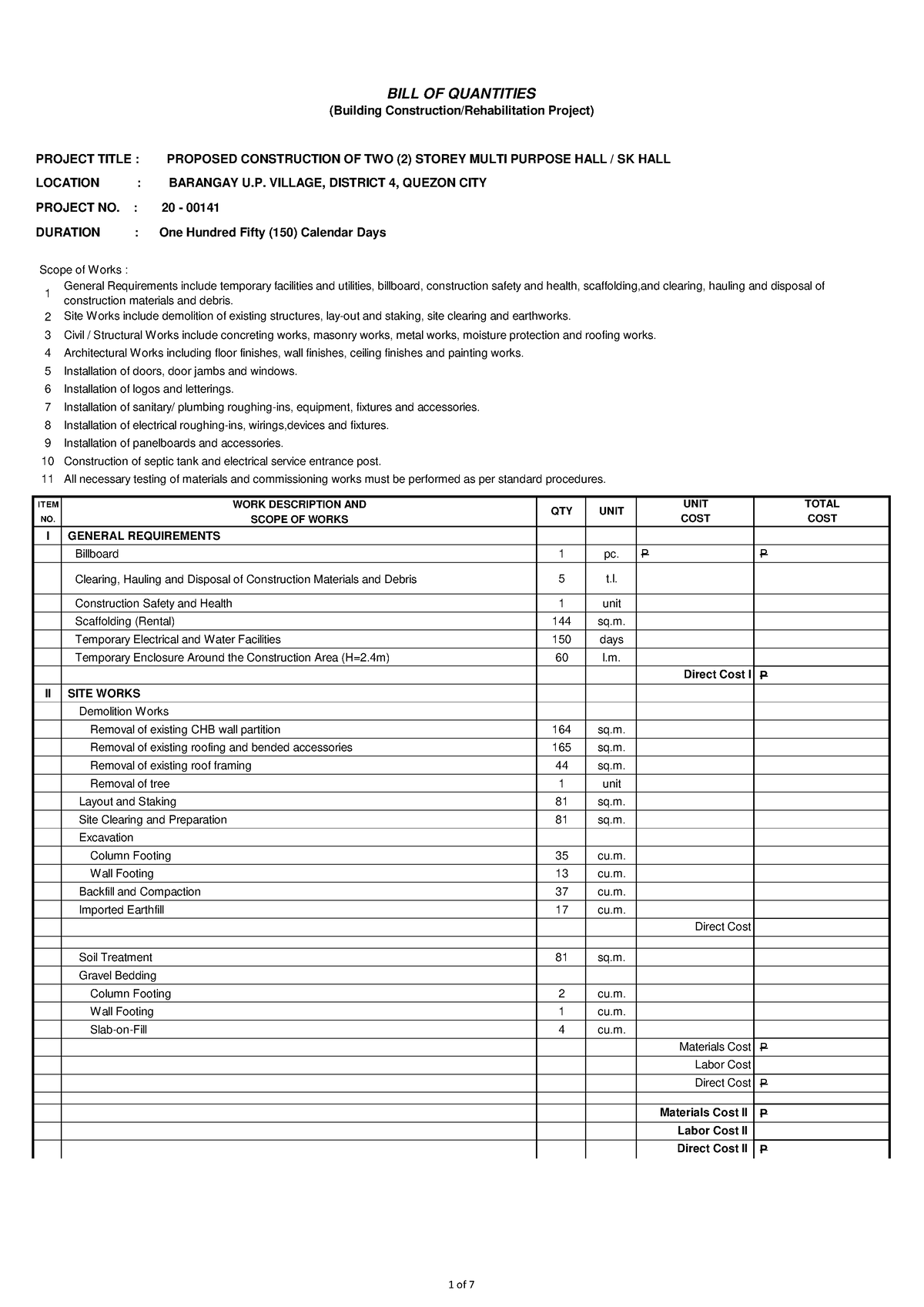 Bill of Quantities 20 00141 Proposed Construction of Two 2 Storey Multi ...