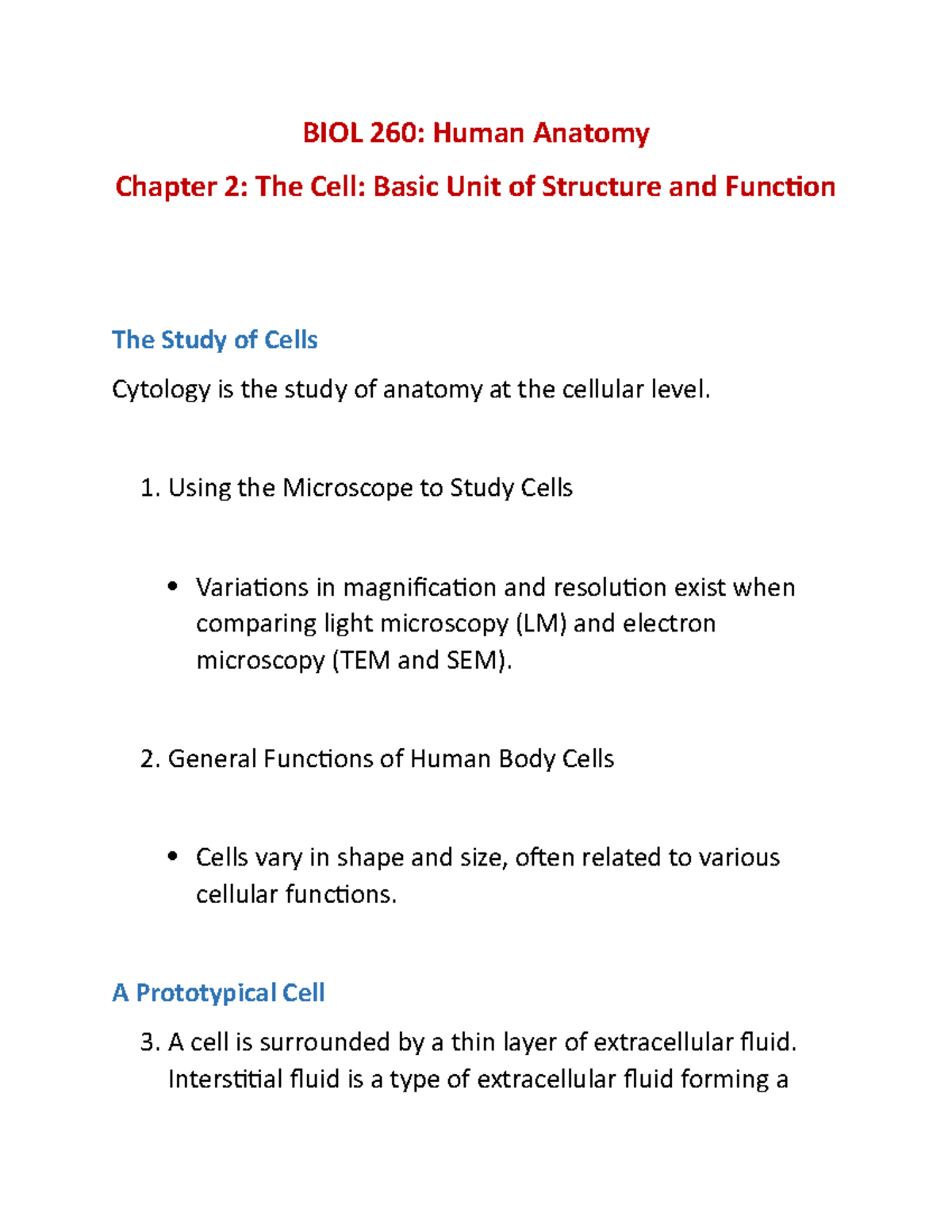 Human Anatomy Ch 2 (Notes) - BIOL 260: Human Anatomy Chapter 2: The ...