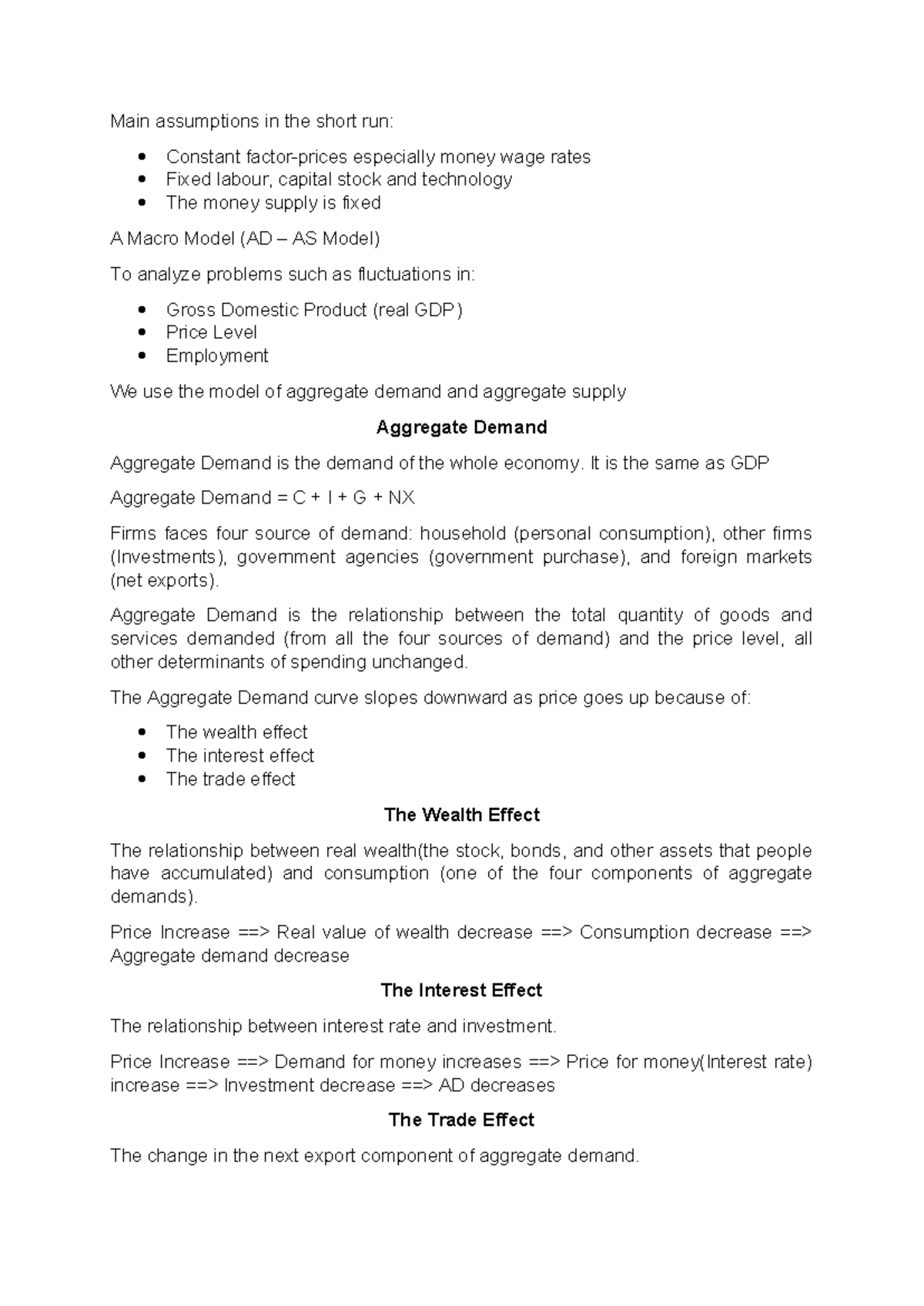 Summary Report Week 8 - Main assumptions in the short run: Constant ...