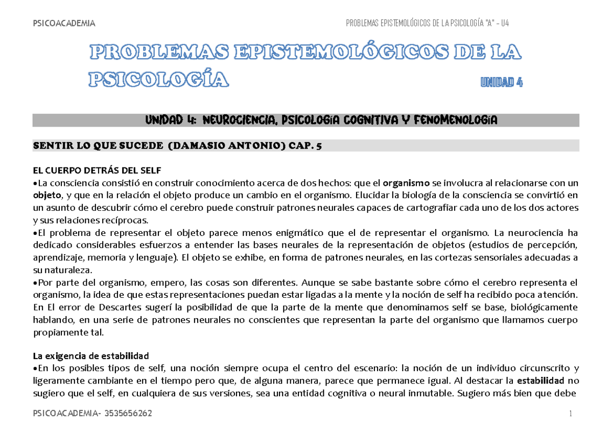 Resumen Episte Segundo Parcial - Í Í SENTIR LO QUE SUCEDE (DAMASIO