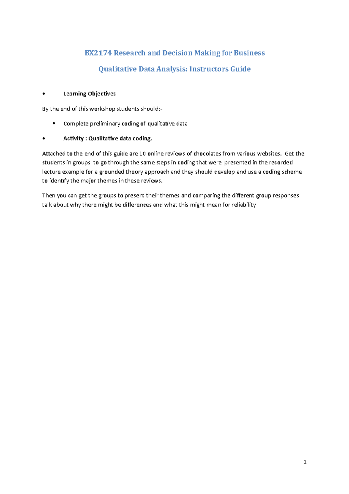 BX2174 Qualitative Data Analysis Activities - BX2174 Research and ...