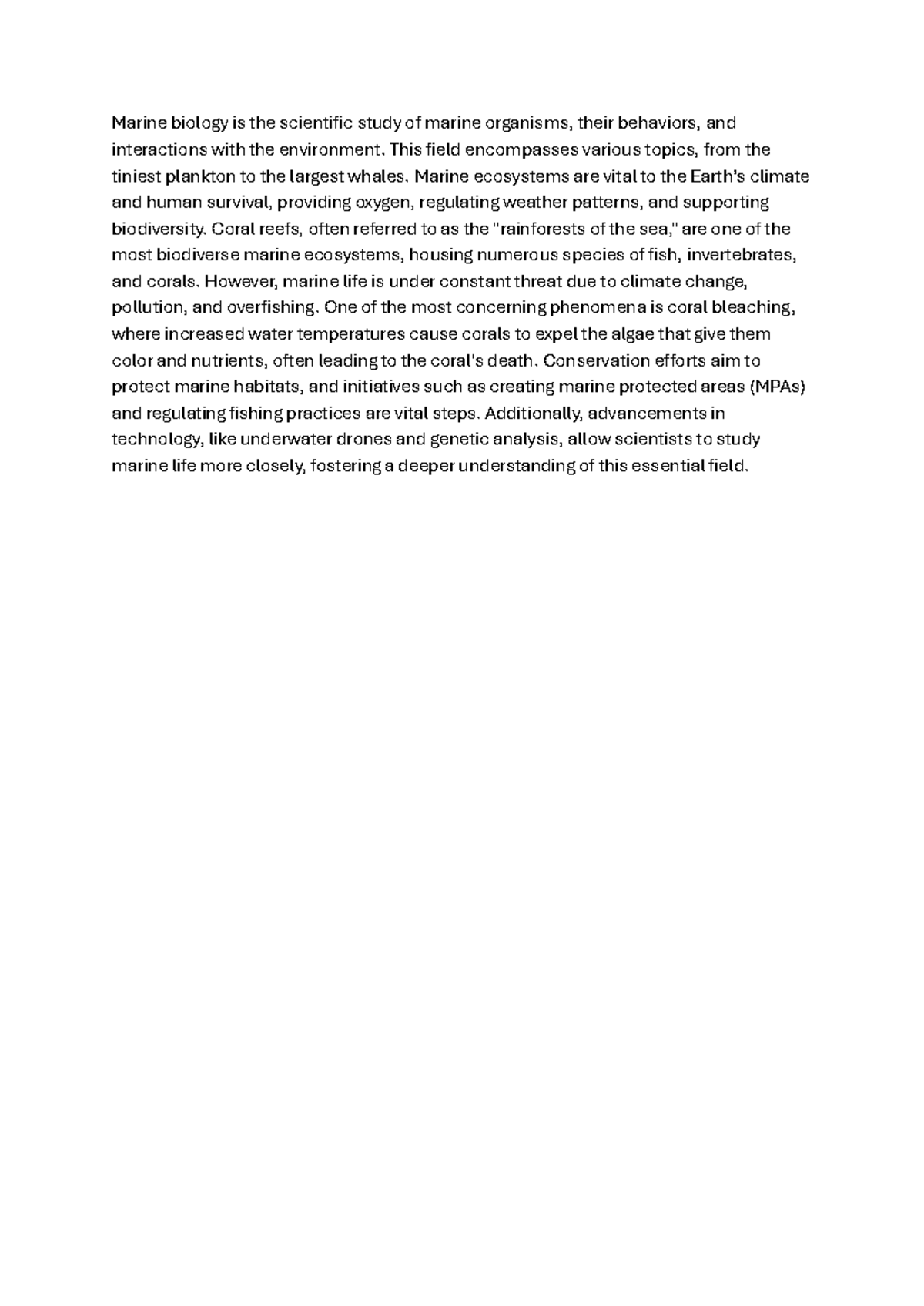 Essay 4 - Marine biology is the scientific study of marine organisms ...