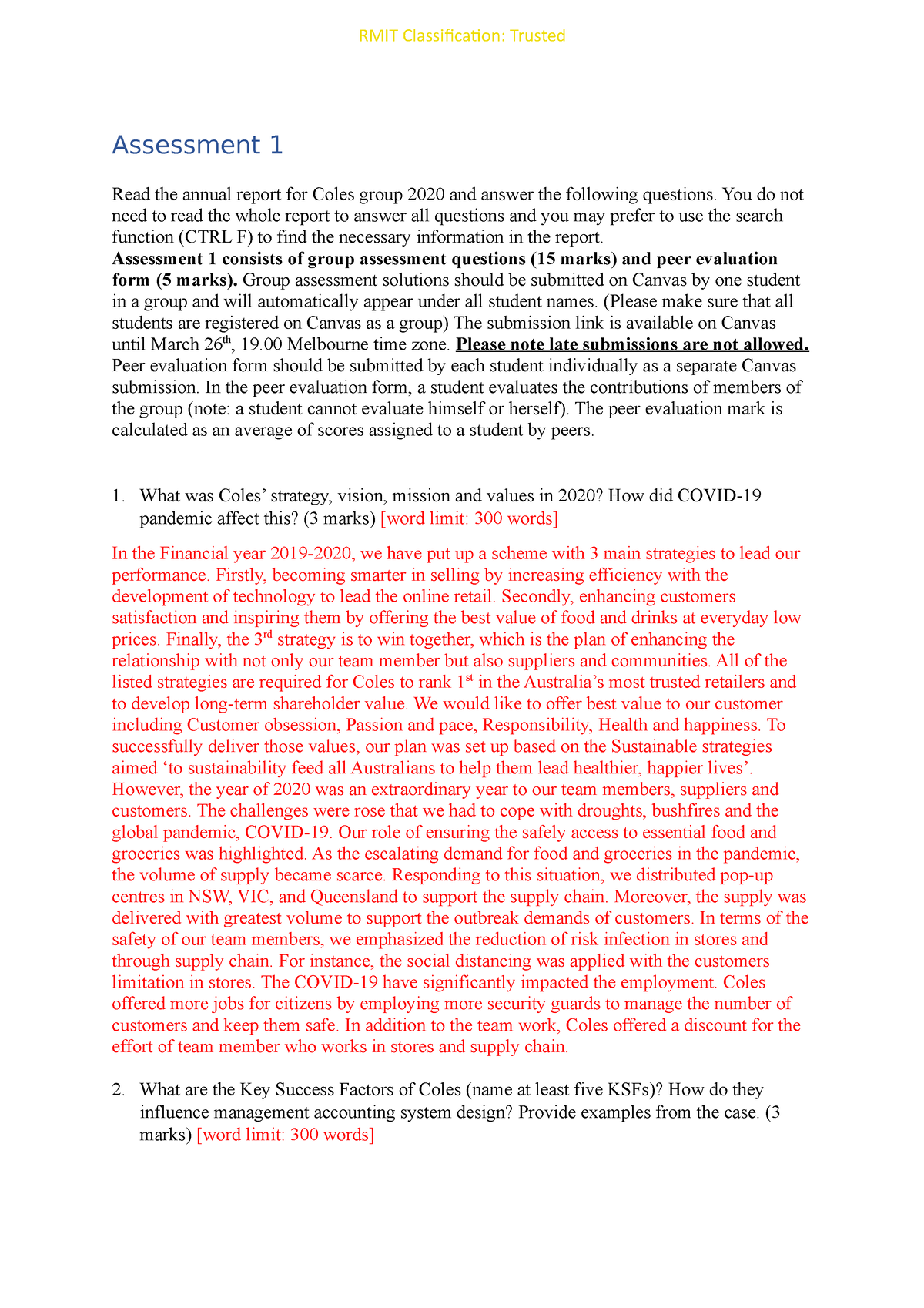 Assessment 1 students annual report for Coles group 2020 ACCT1015