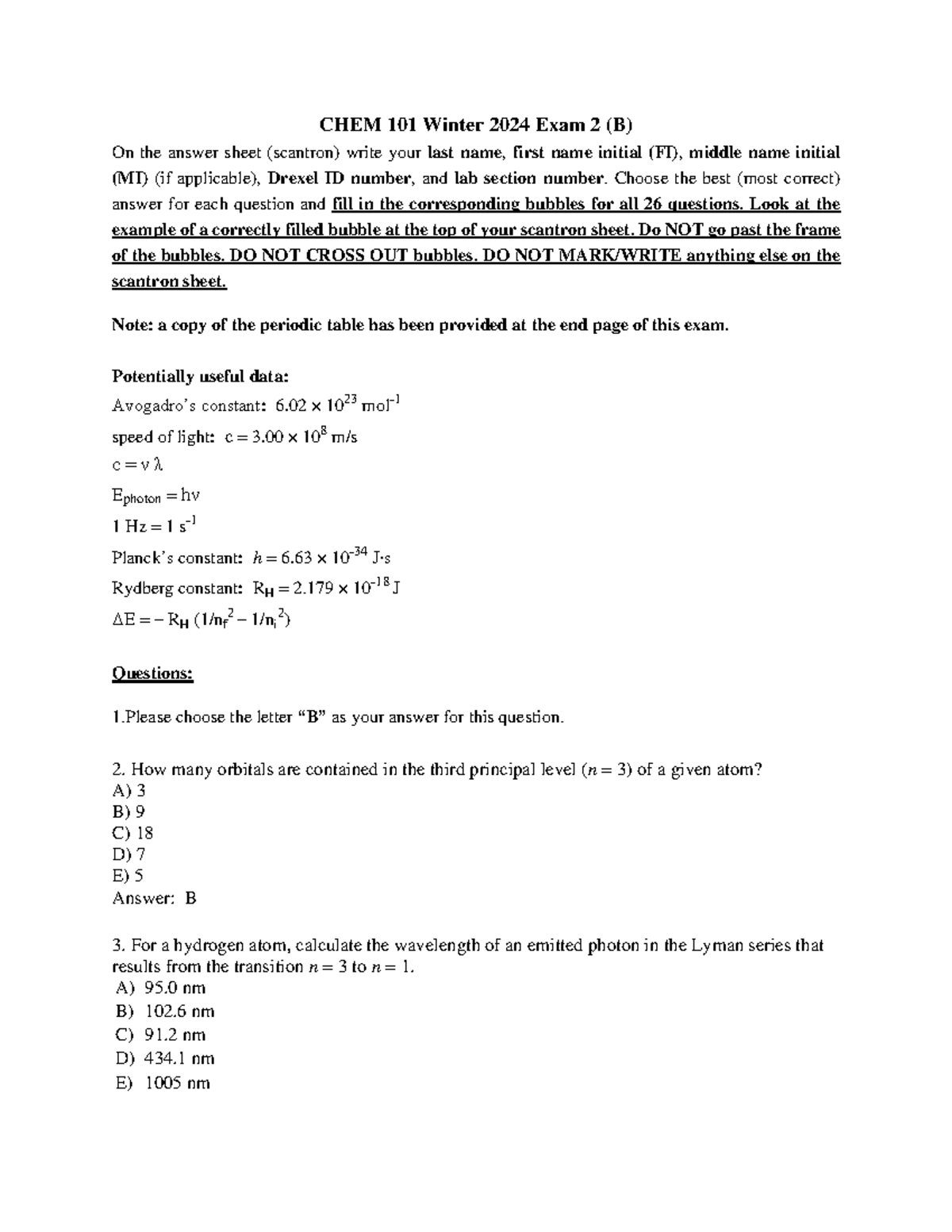 CHEM 101 Winter 2024 Exam 2 (B) - CHEM 101 Winter 2024 Exam 2 (B) On ...