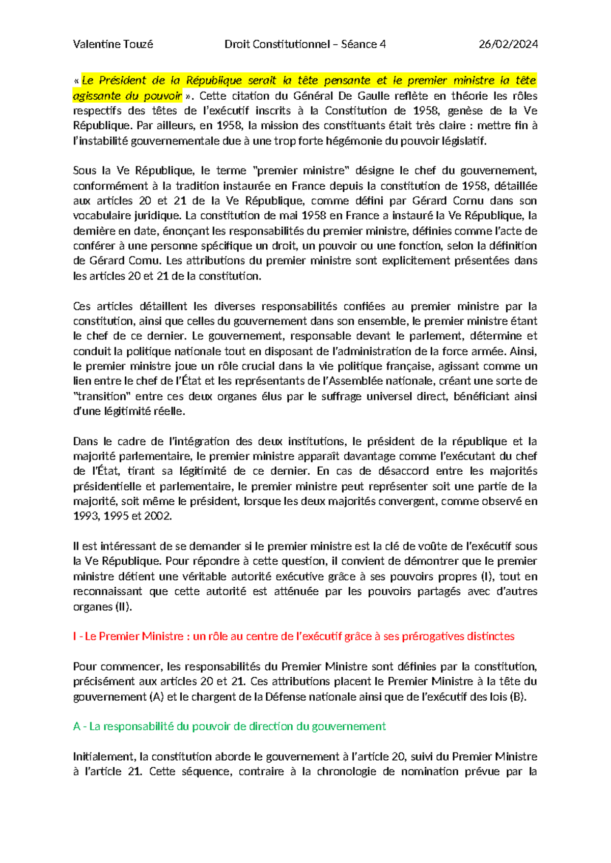 Séance 4 - Le Premier Ministre sous la Ve République - « Le Président ...
