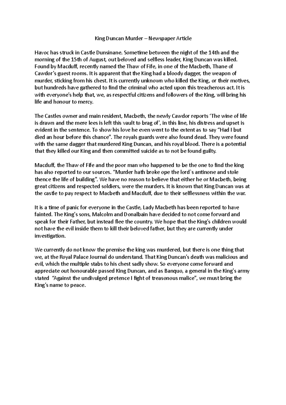 King Duncan Murder macbeth notes King Duncan Murder Newspaper