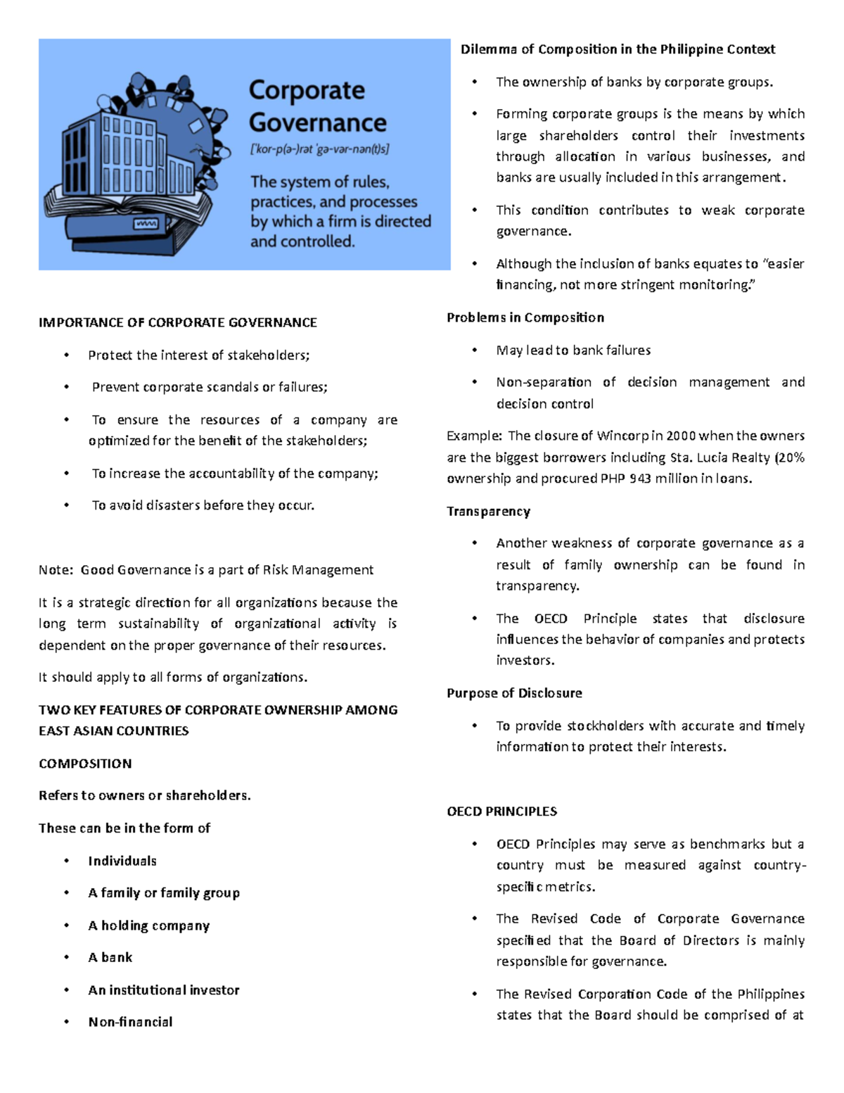 Ggsr finals - IMPORTANCE OF CORPORATE GOVERNANCE Protect the interest ...