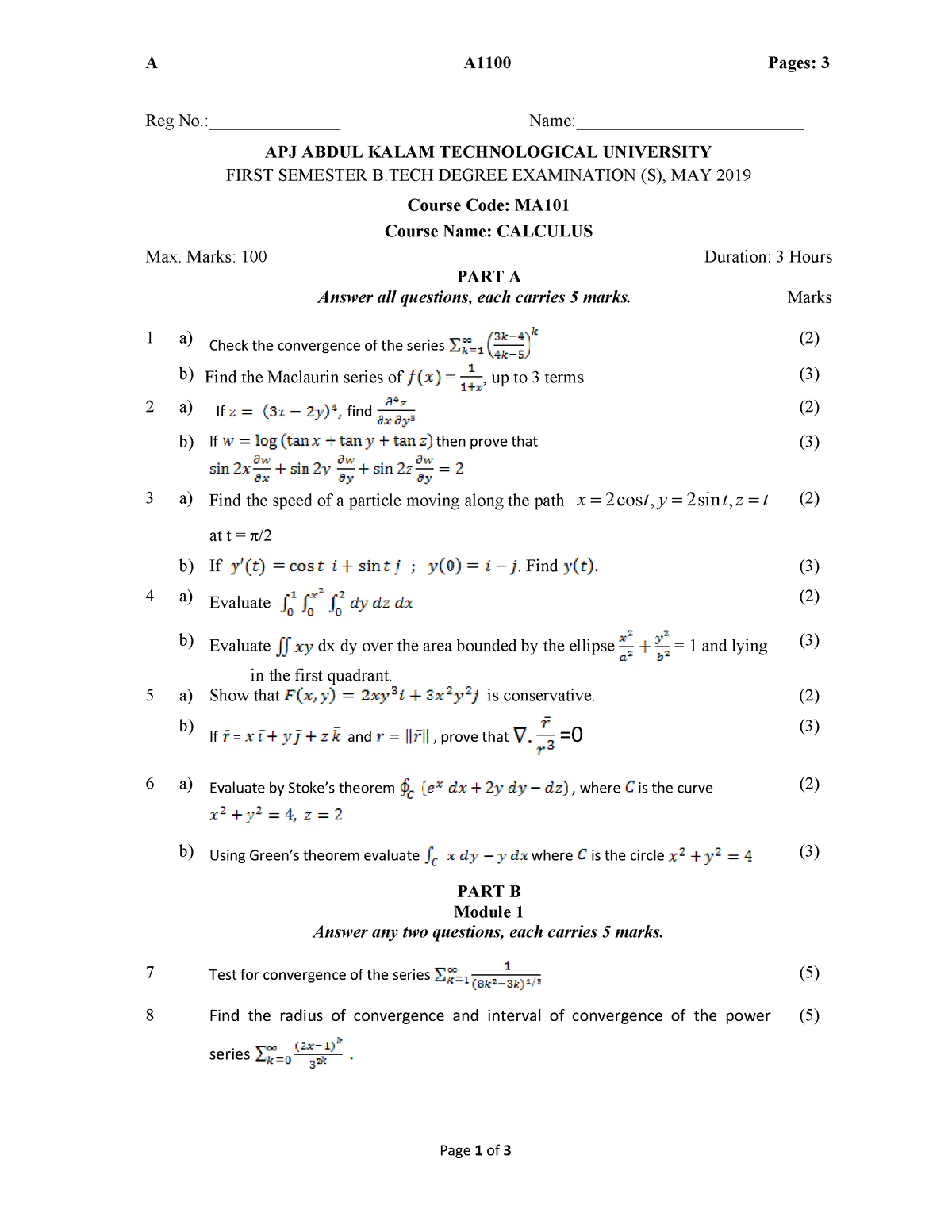 2019 May MA101-J - Question paper - A A1100 Pages: 3 Page 1 of 3 Reg No