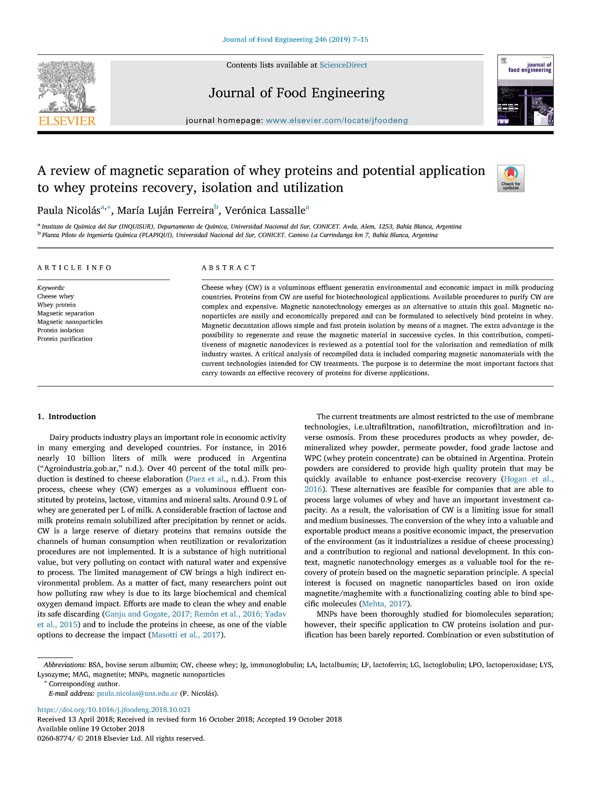 A review of magnetic separation of whey proteins - Avda. Alem, 1253 ...