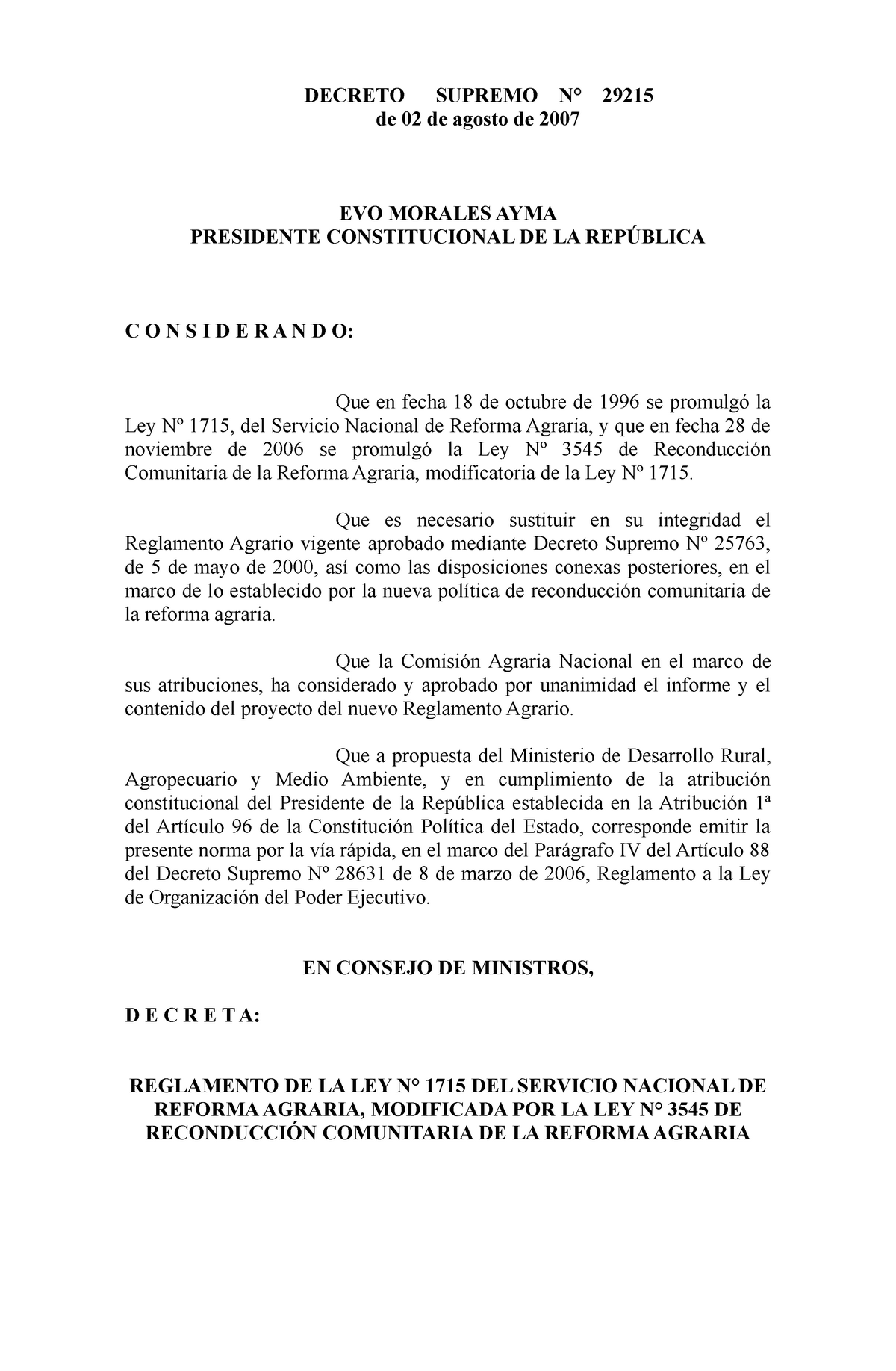 Reglamento Publicado INstituto nacional de reforma agraria - Derecho ...