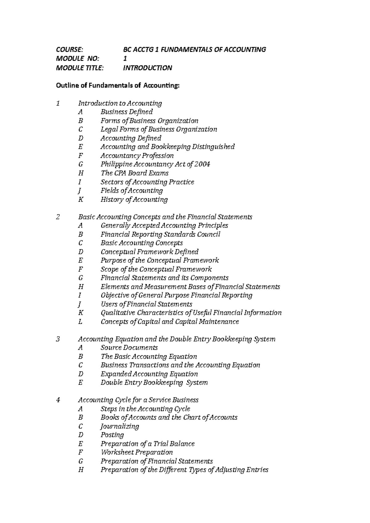 Module 1 Outline Of Fundamentals Of Accounting - Financial Accounting ...