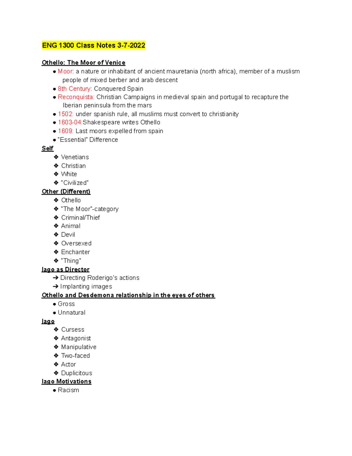 ENG 1300 Notes 3722 ENG 1300 Class Notes 37 Othello The Moor of