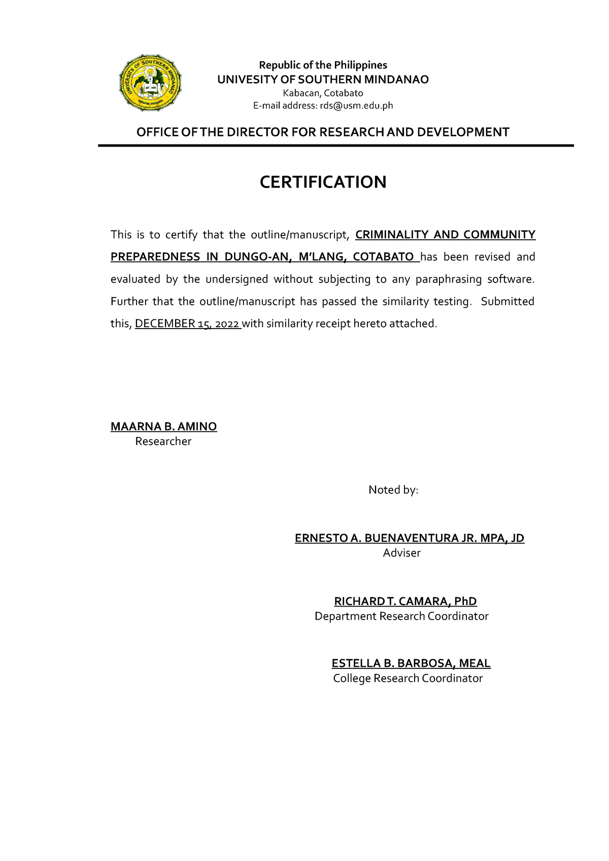 Plagiarism-certification 2 - Republic of the Philippines UNIVESITY OF ...