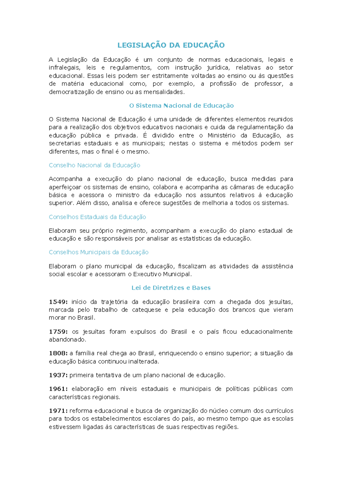 Resumo - Legislação da educação - DA A da um conjunto de normas ...