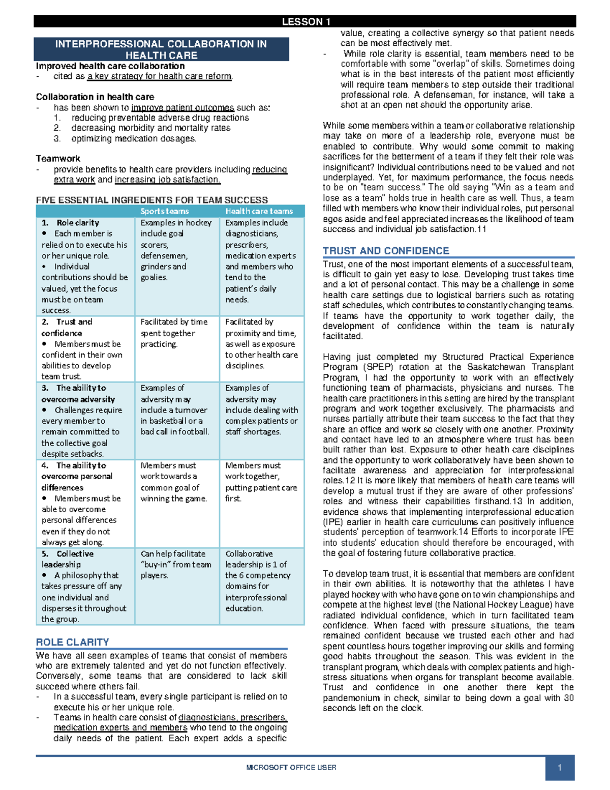 Lesson 1 - Interprofessional CollaborationImproved health care ...