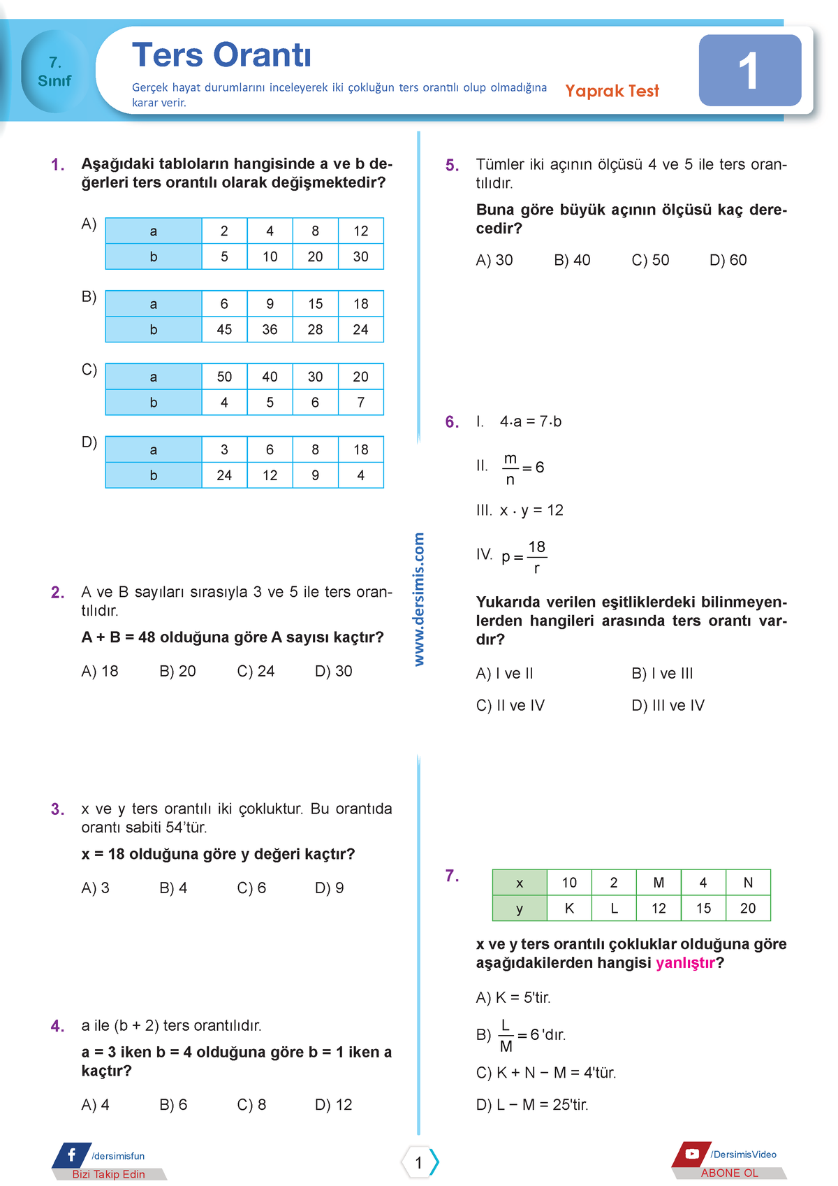 Ters Oranti Test 1 - Dersimis 1 7. Sınıf Yaprak Test Ters Orantı Gerçek ...