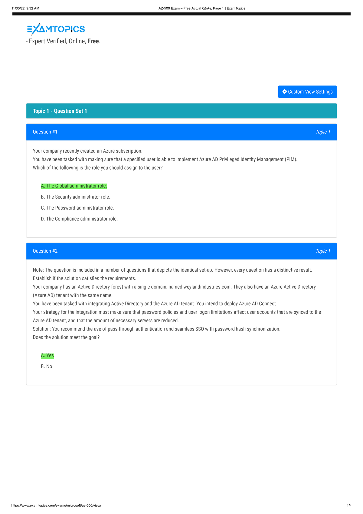 Topic 1#1 - Examtopics/exams/microsoft/az-500/view/ 1/ - Expert Veried ...