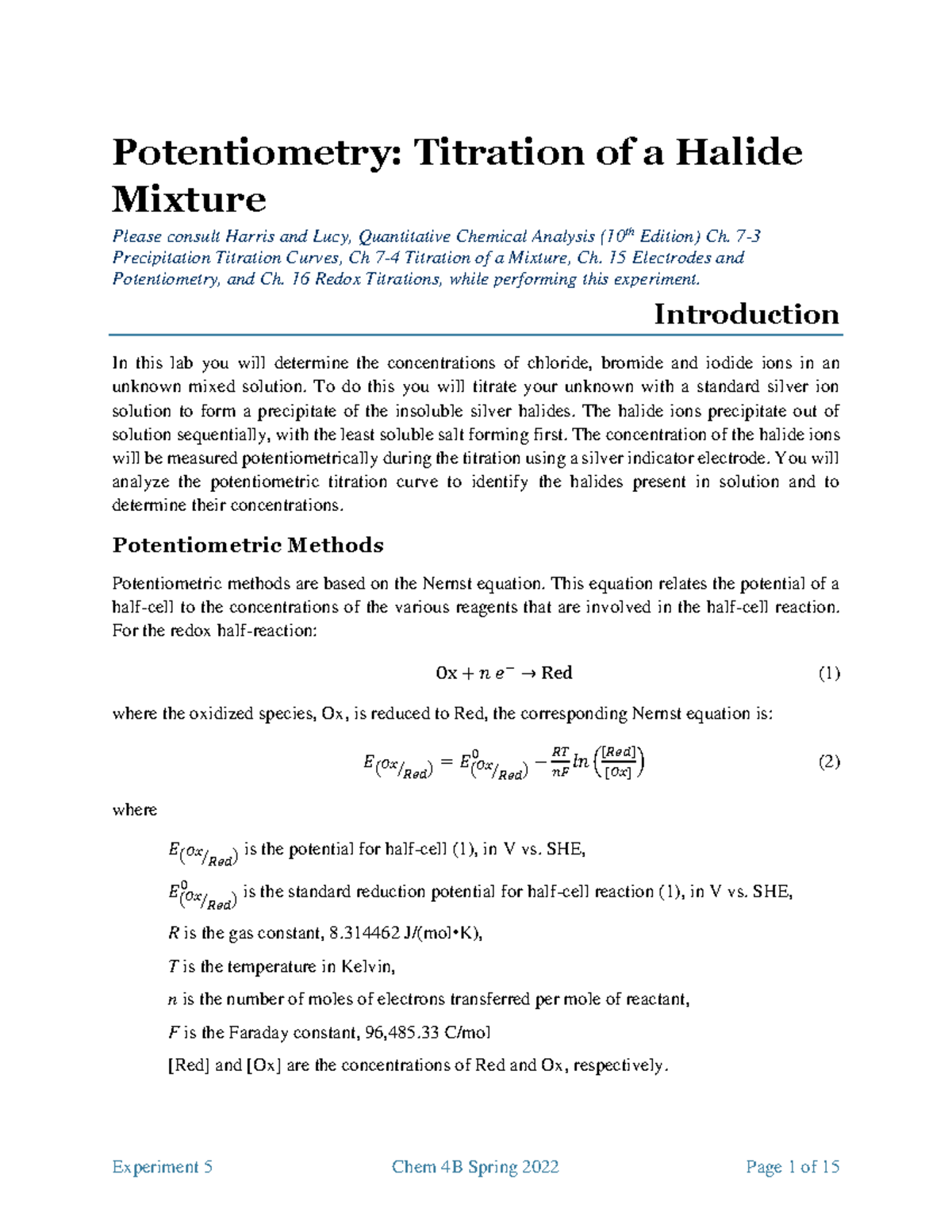Lab 5 Potentiometric Titration Potentiometry Titration of a Halide