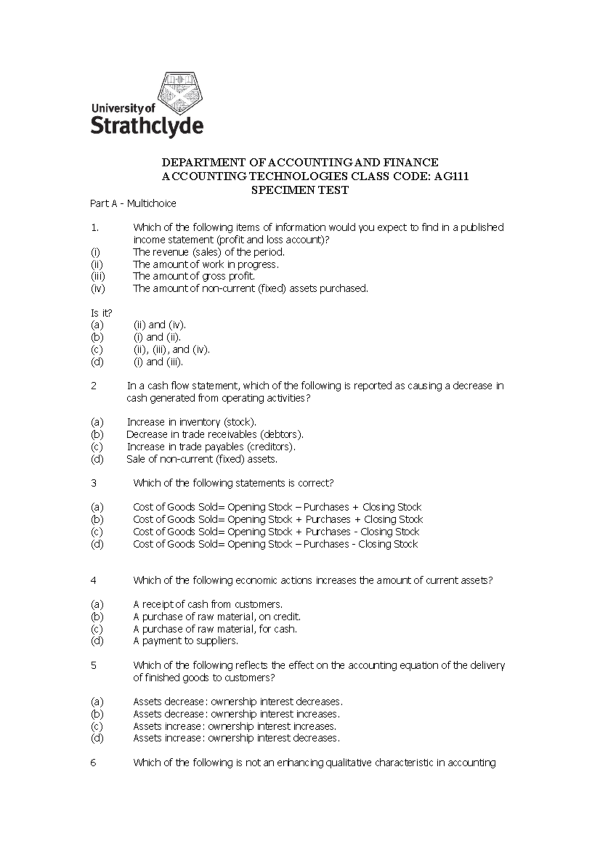 Specimen test-3 - DEPARTMENT OF ACCOUNTING AND FINANCE ACCOUNTING ...