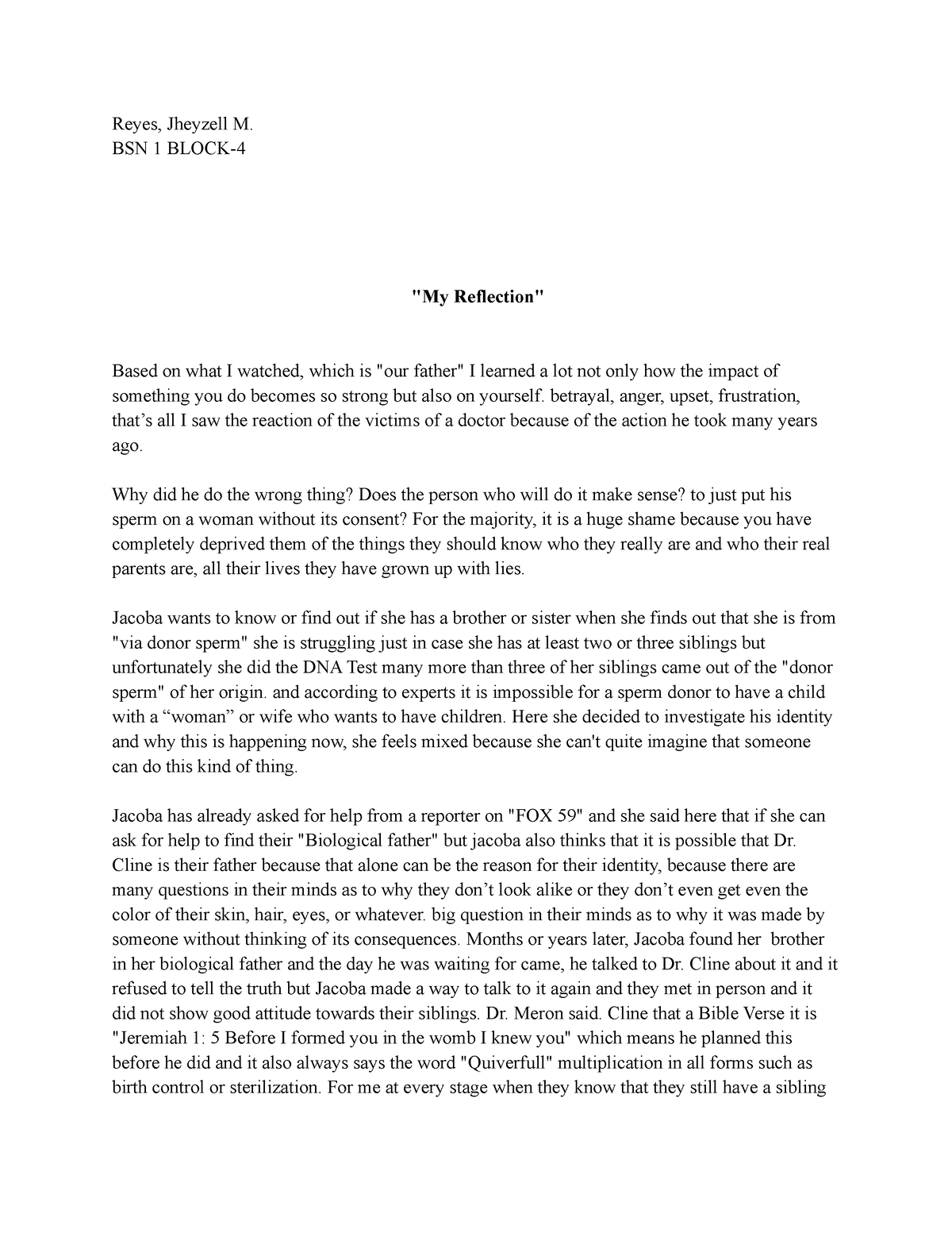 Reyes, Jheyzell M Our Father Reflection Pdf - Reyes, Jheyzell M. BSN 1 ...