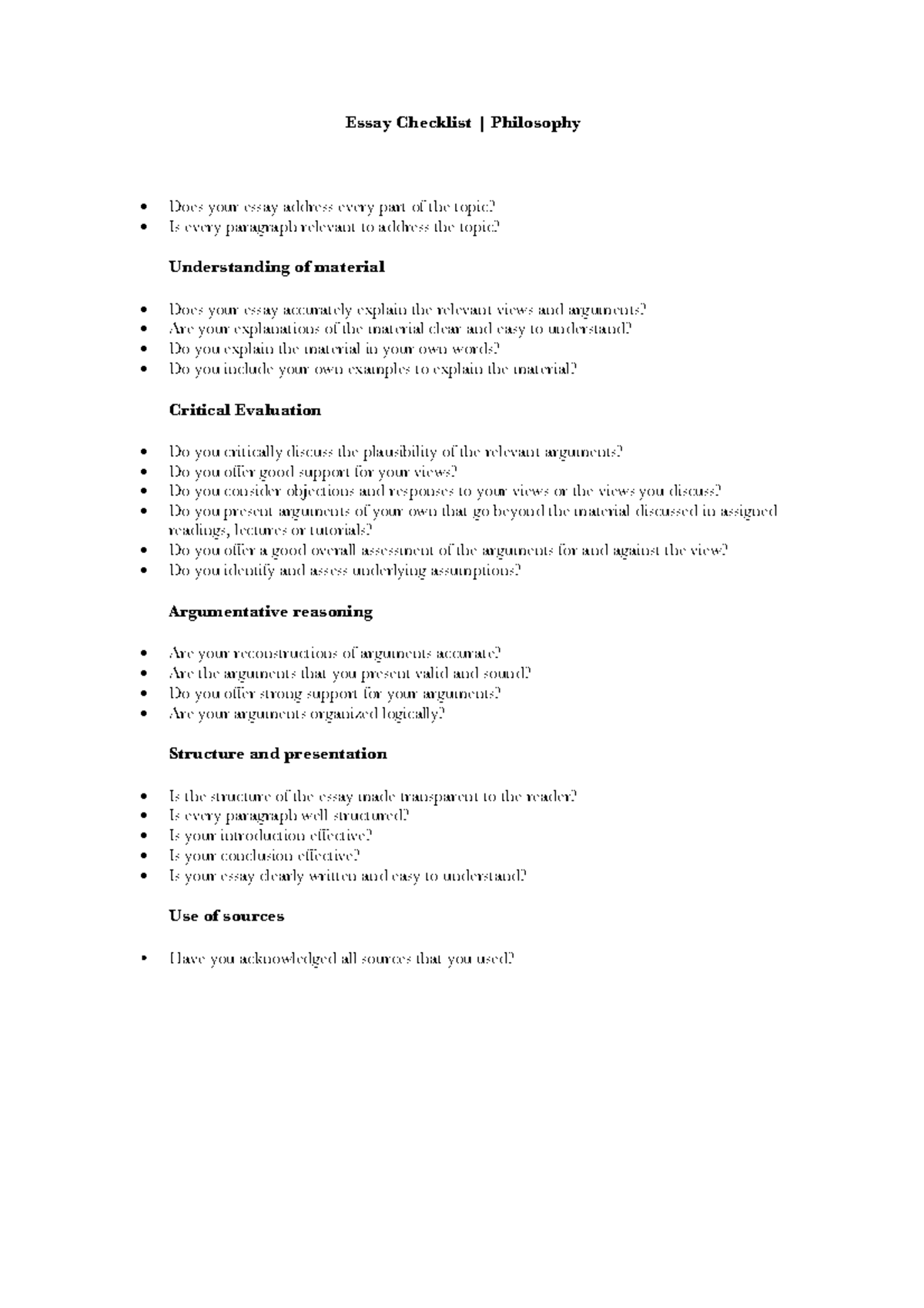 Philosophy Essay Checklist - Essay Checklist | Philosophy Does your ...