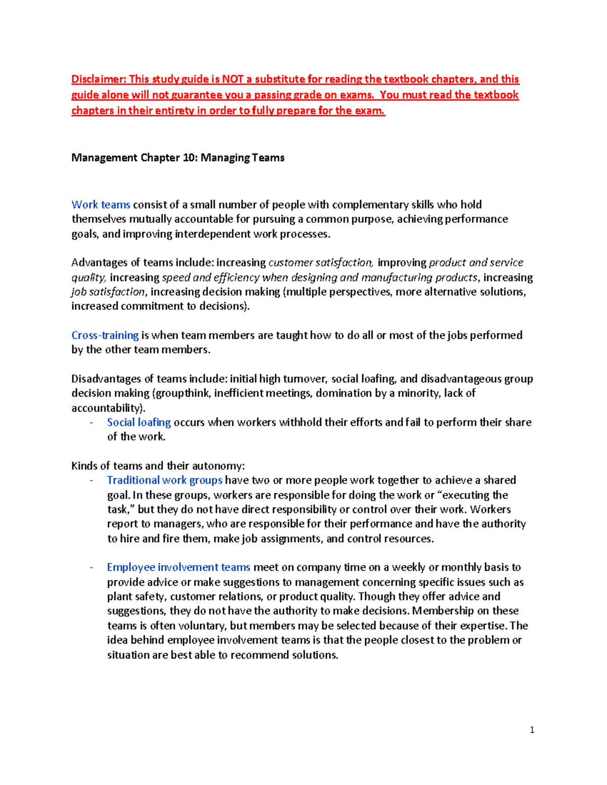 Chapter 10 Study Guide - Principles Of Management - Disclaimer: This ...