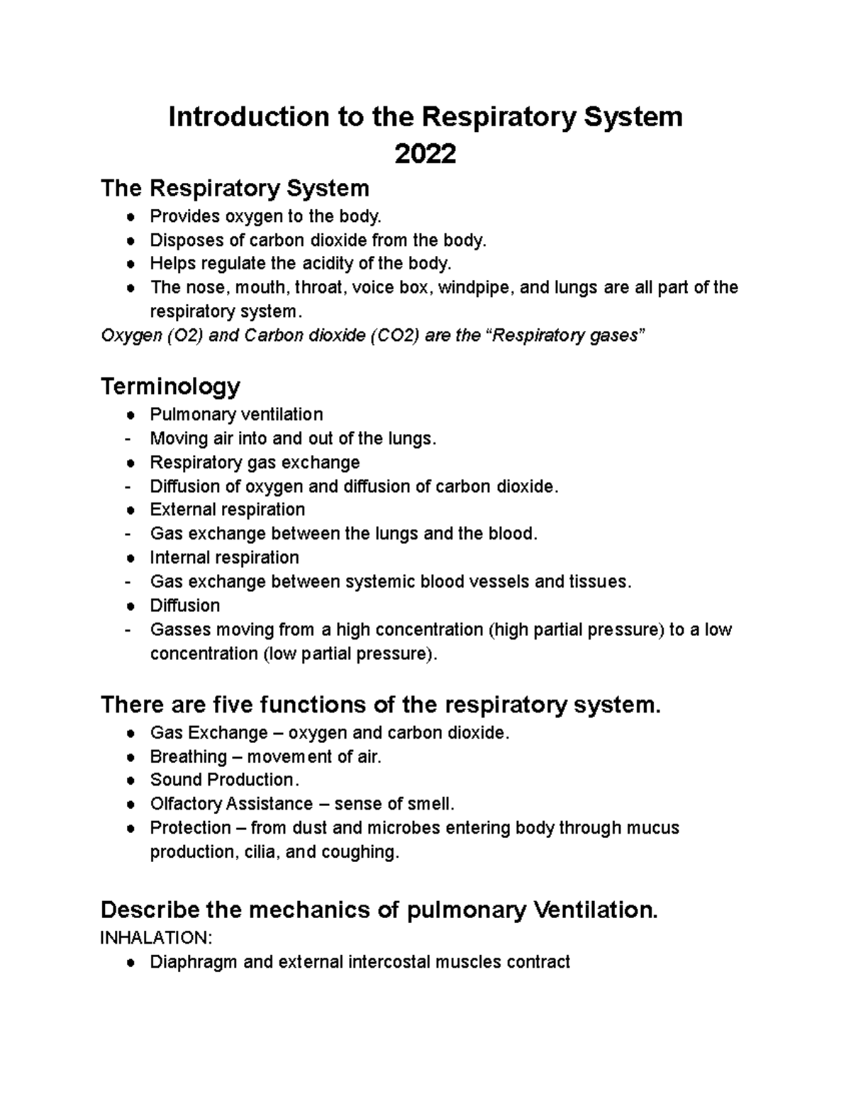 Introduction to the Respiratory system - Introduction to the ...