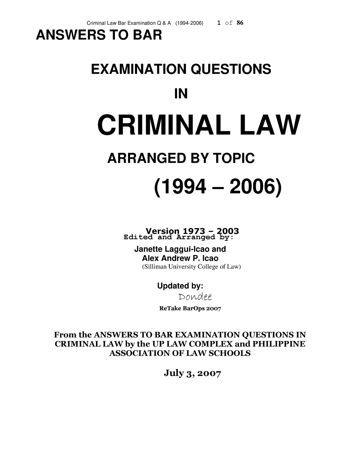 190336127 Suggested Answers in Criminal Law Bar Exams ANSWERS TO BAR