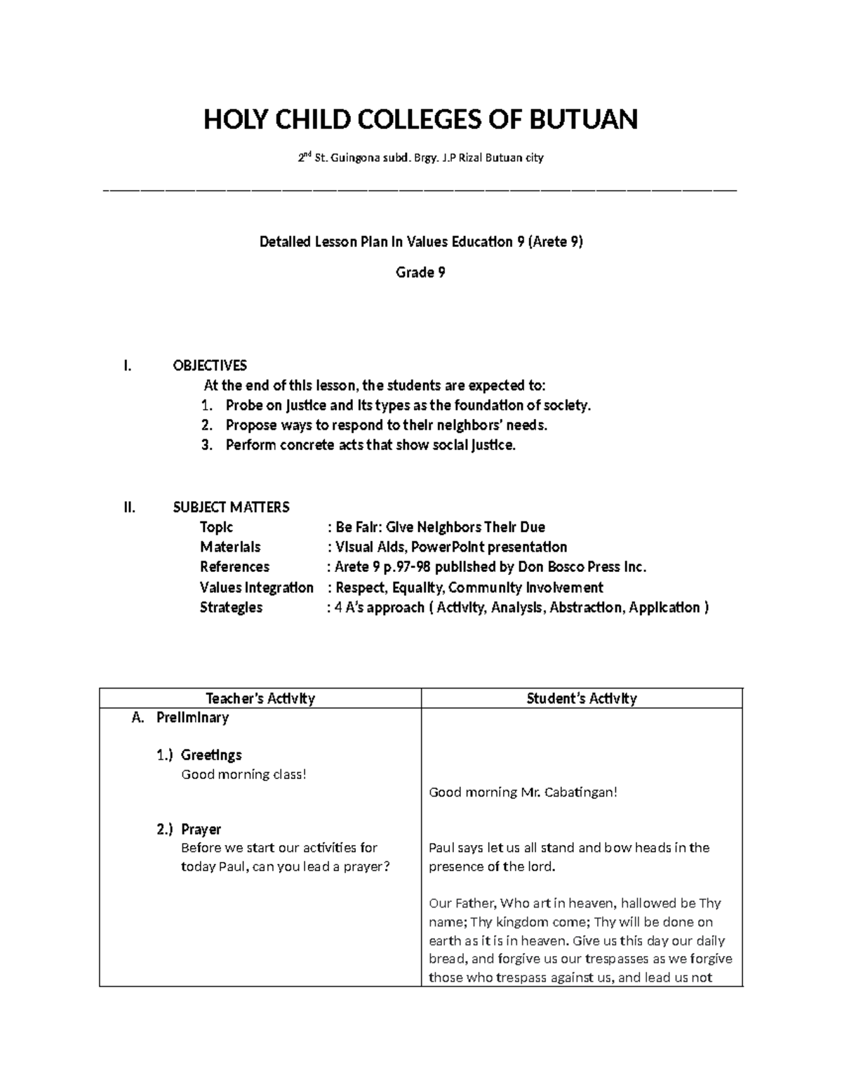 Values 9 - HOLY CHILD COLLEGES OF BUTUAN 2 nd St. Guingona subd. Brgy ...