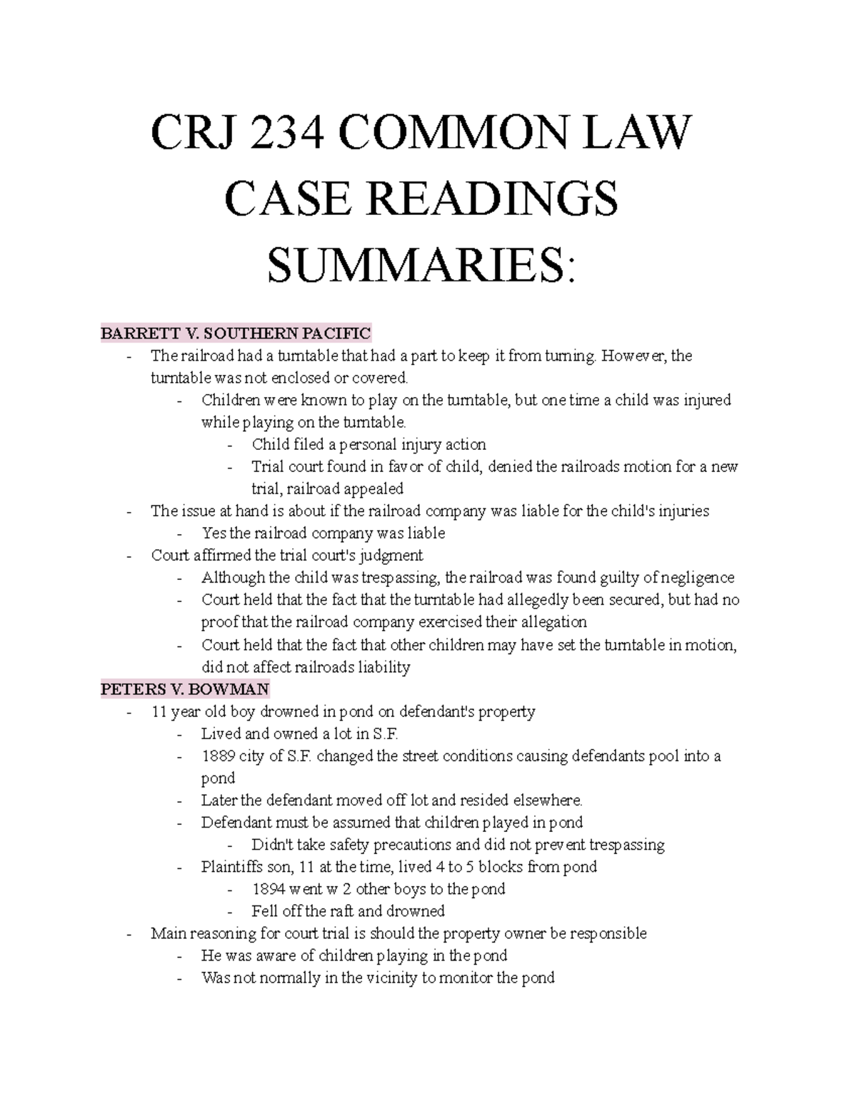 CRJ 234 Common Law Case Reading Summaries CRJ 234 COMMON LAW CASE