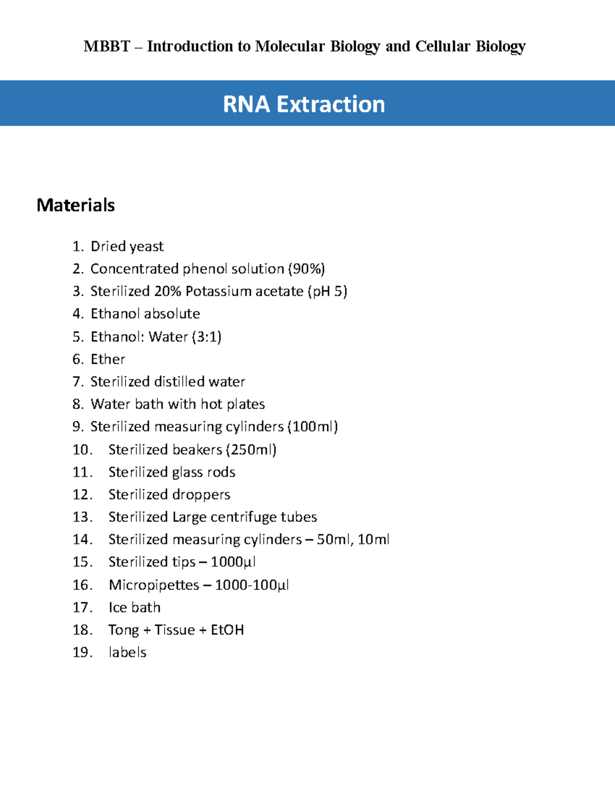 RNA extraction - RNA extranction - MBBT – Introduction to Molecular ...