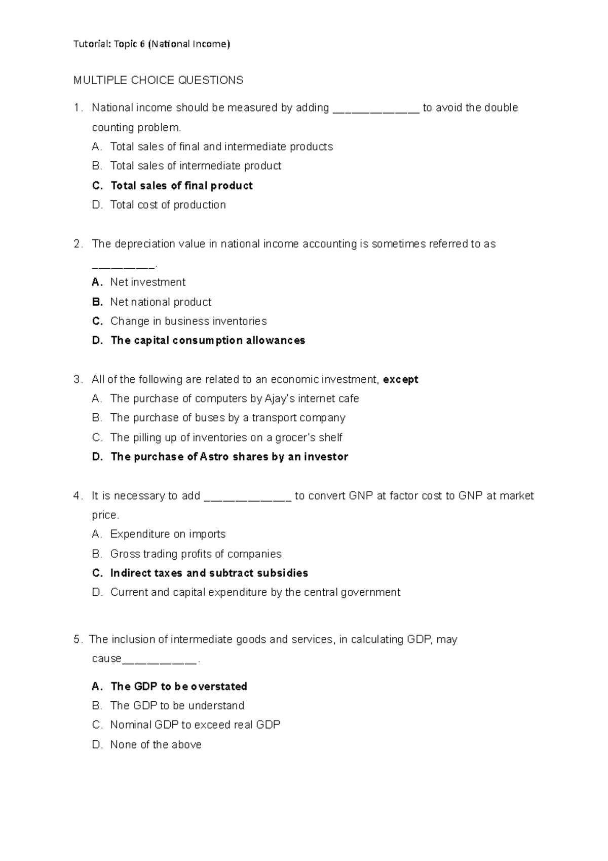 Tutorial Topic 6 - Questions based on national incomes - Tutorial ...