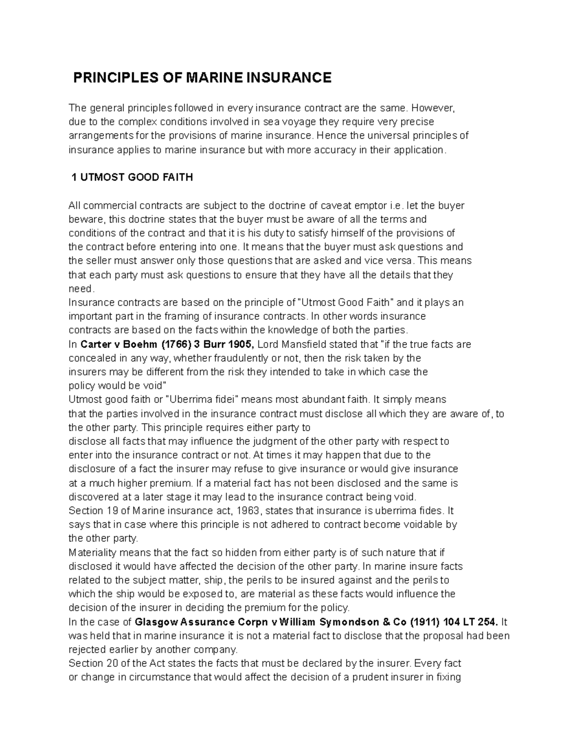 Principles OF Marine Insurance PRINCIPLES OF MARINE INSURANCE The