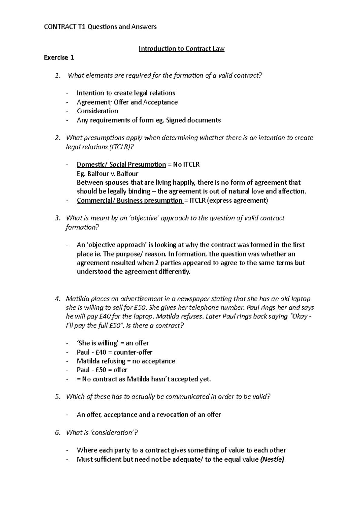 T1 Introduction to Contract Law - CONTRACT T1 Questions and Answers ...