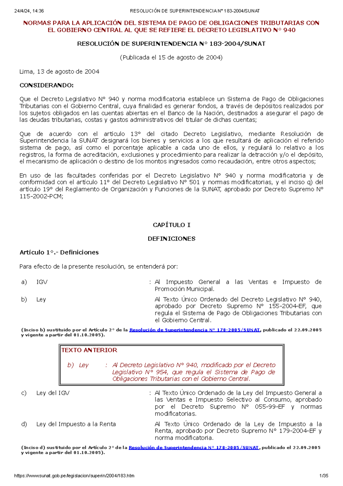 Resolución DE Superintendencia N° 183-2004 Sunat - NORMAS PARA LA ...