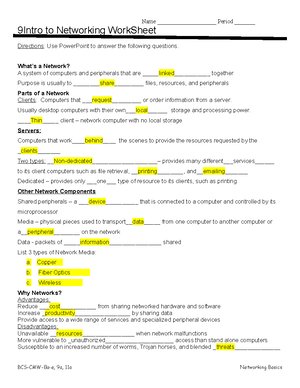 Introduction to Networking Work Sheet - 9Intro to Networking WorkSheet  Directions: Use PowerPoint to - Studocu