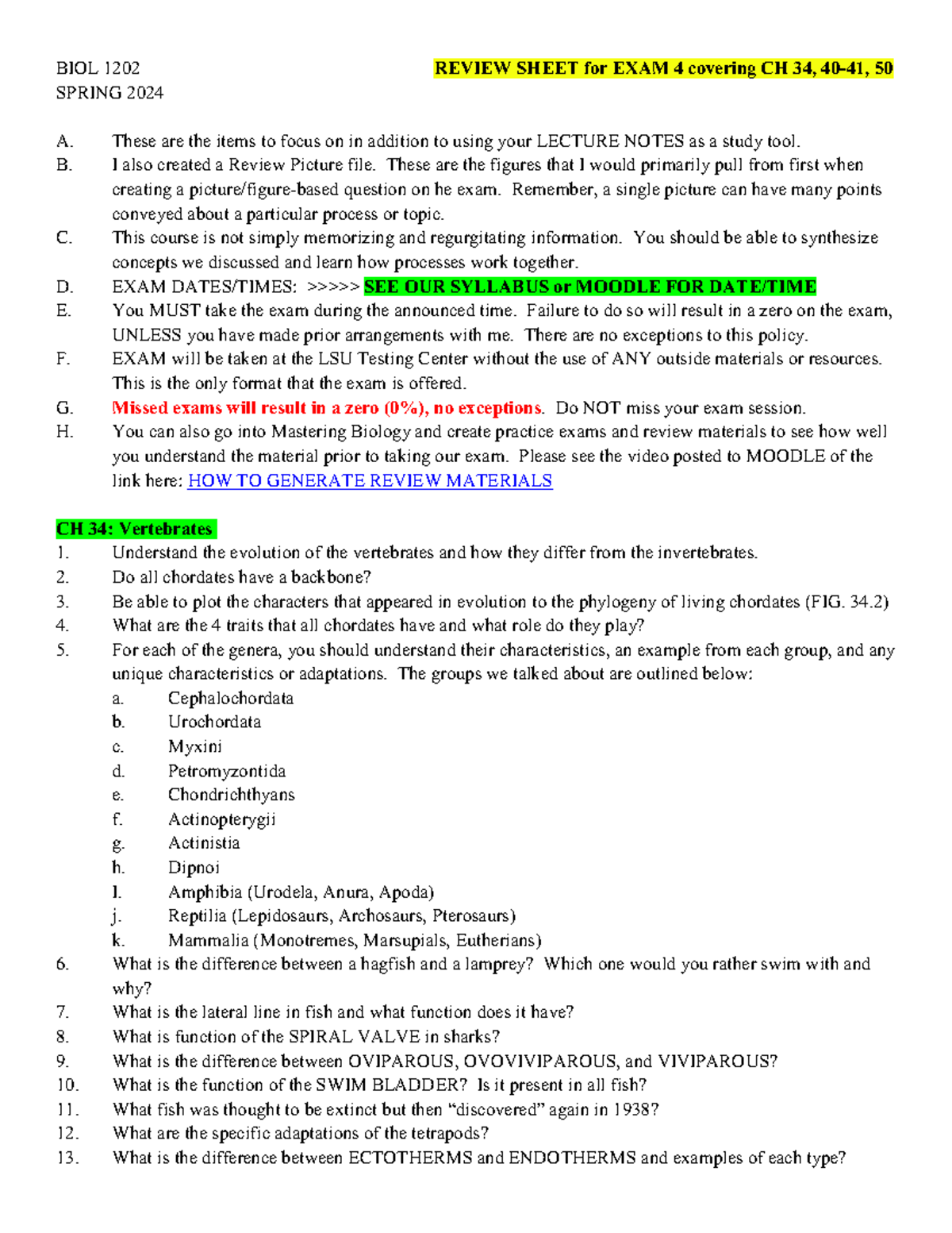 EXAM 4 on CH 34, 40-42, 50 Review Sheet Spring 2024 - BIOL 1202 REVIEW ...