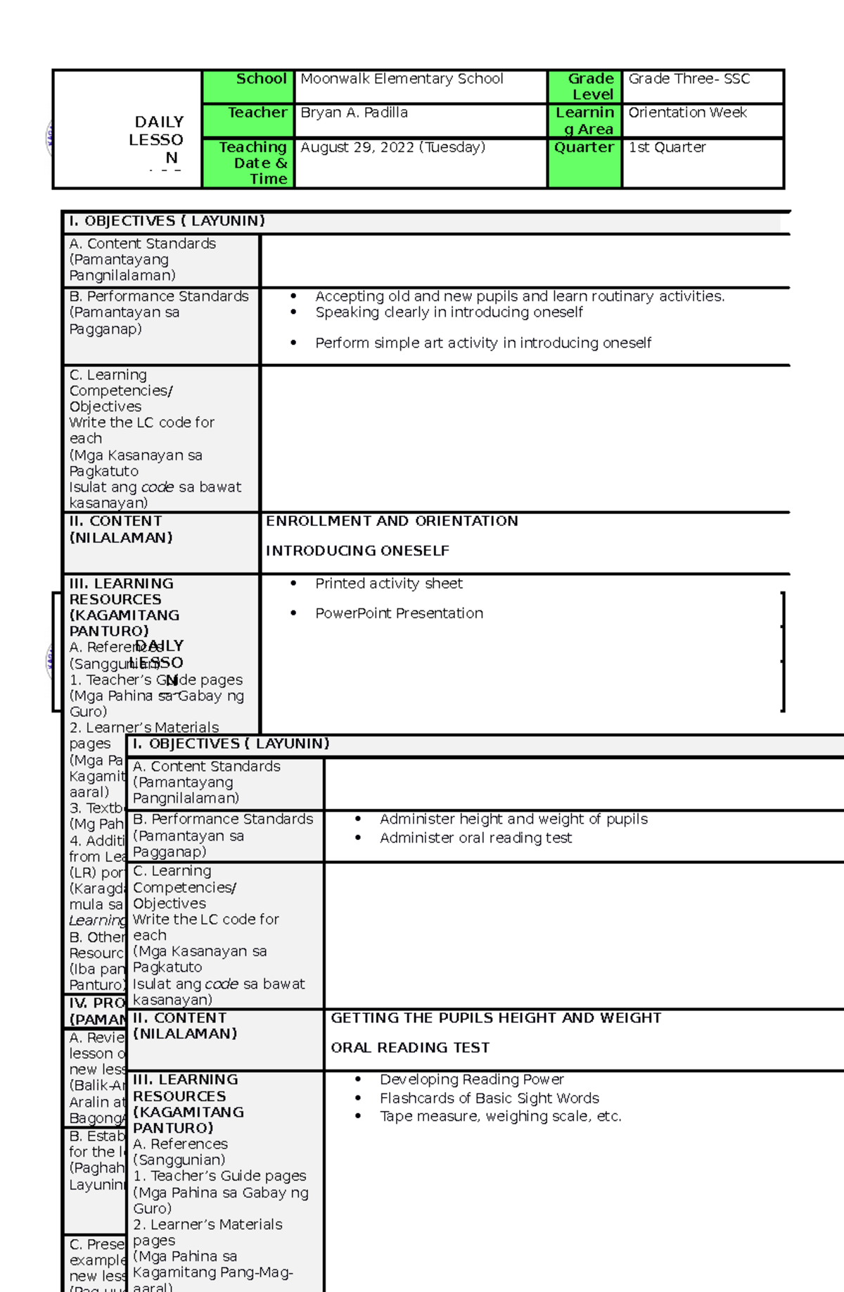 Dll-orientation-week - School Moonwalk Elementary School Grade Level 