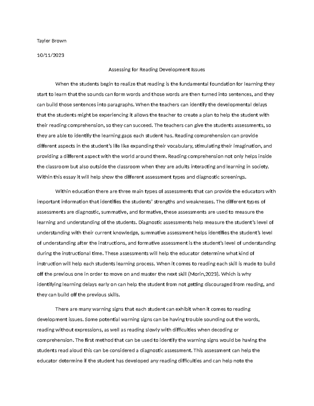 Assessing for Reading Development Issues - Tayler Brown 10/11 ...