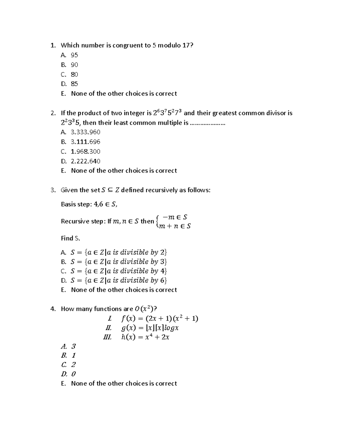 Review PT2 share - Which number is congruent to 5 modulo 17? A. 95 B ...