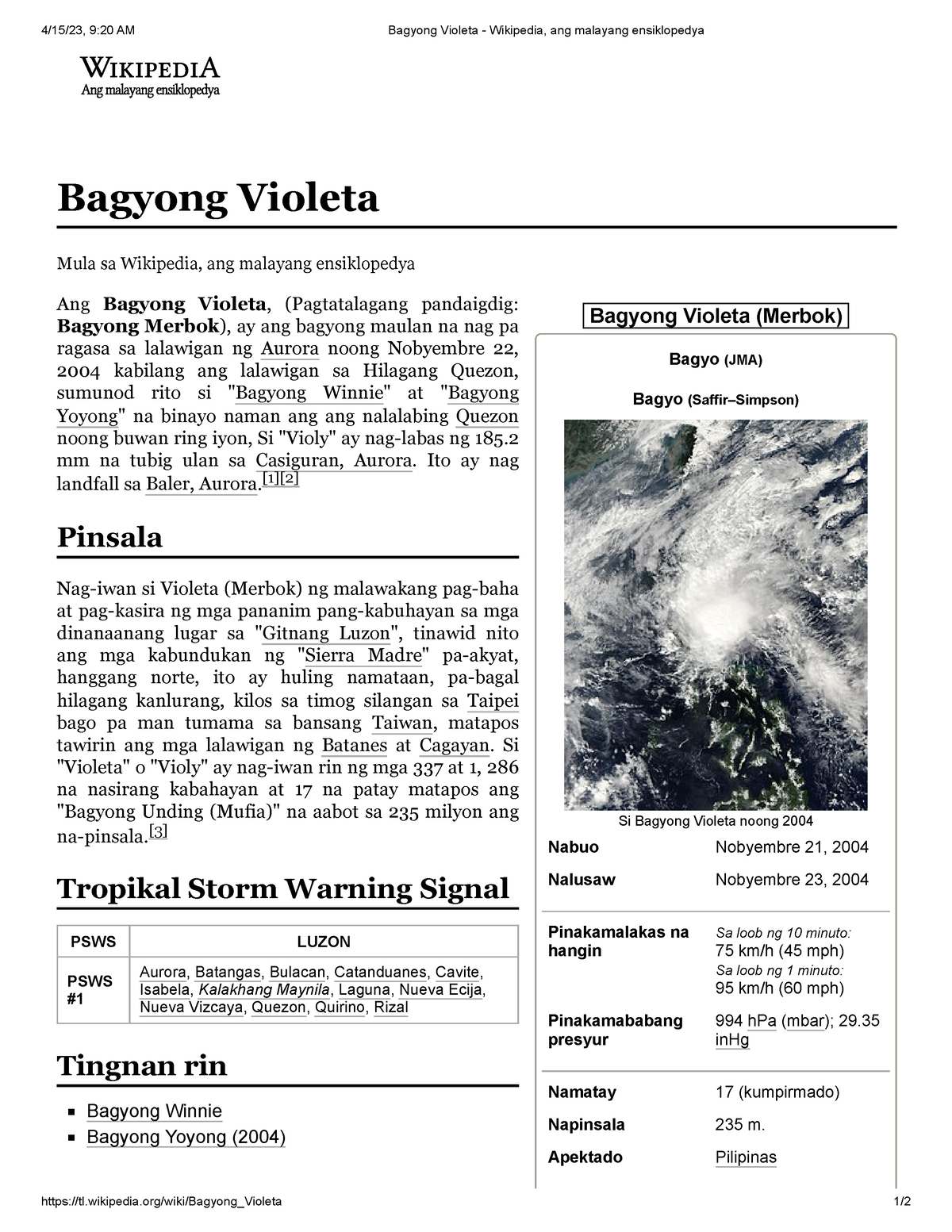 Bagyong Violeta - Wikipedia, Ang Malayang Ensiklopedya - Wikipedia/wiki ...