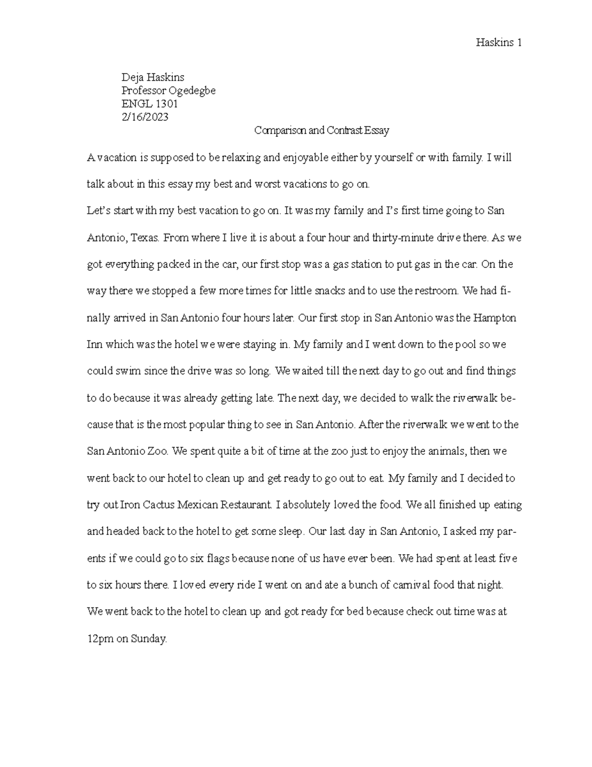 compare and contrast essay about two vacations