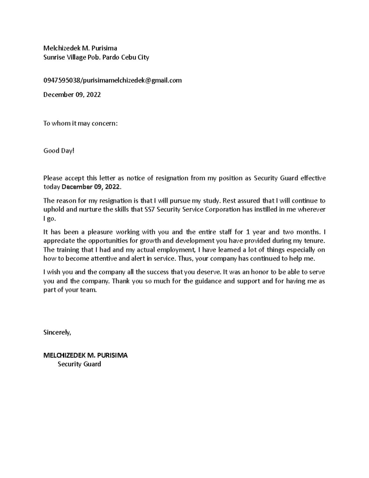 Melchi Resignation - Example And Guide - Melchizedek M. Purisima 